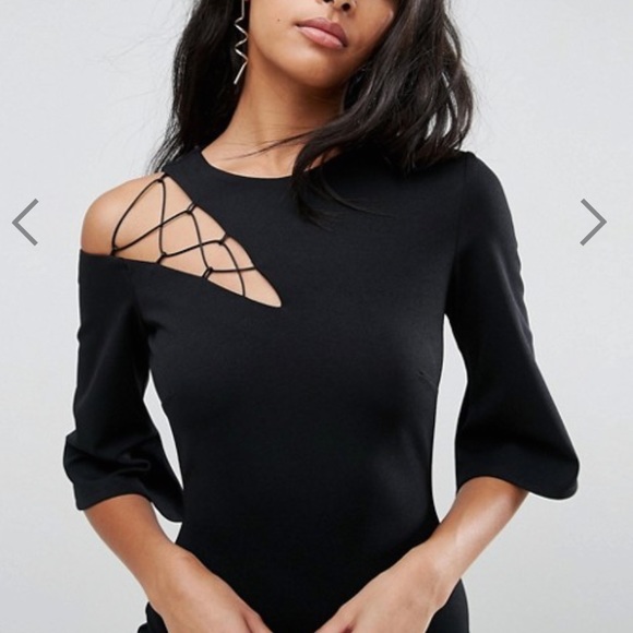 NWT ASOS Black 3/4 Sleeve Lace Up Shoulder Shift Dress - Picture 4 of 4